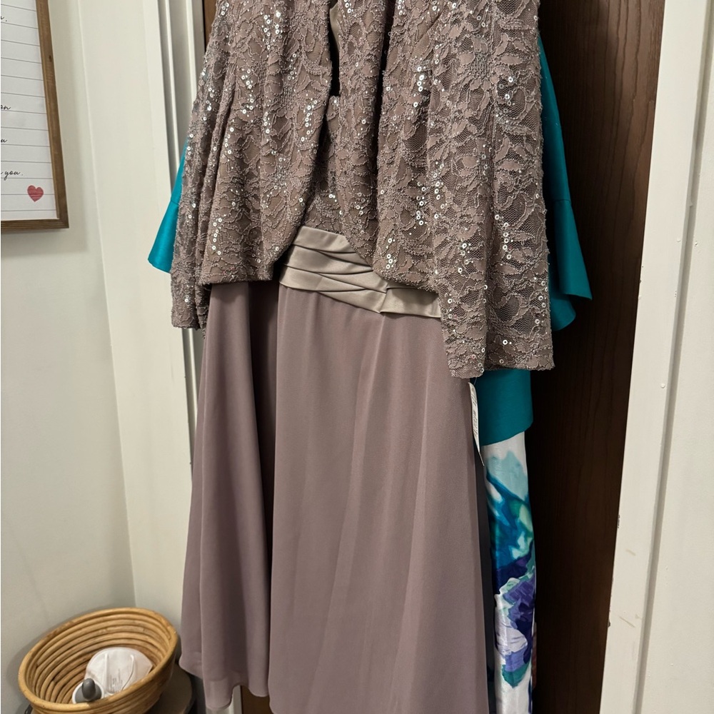 R&M Richards Taupe Lace Overlay Dress